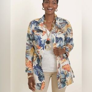 Chico's Tropical Palm Print Linen Utility Pocket Lightweight Jacket Size 1P